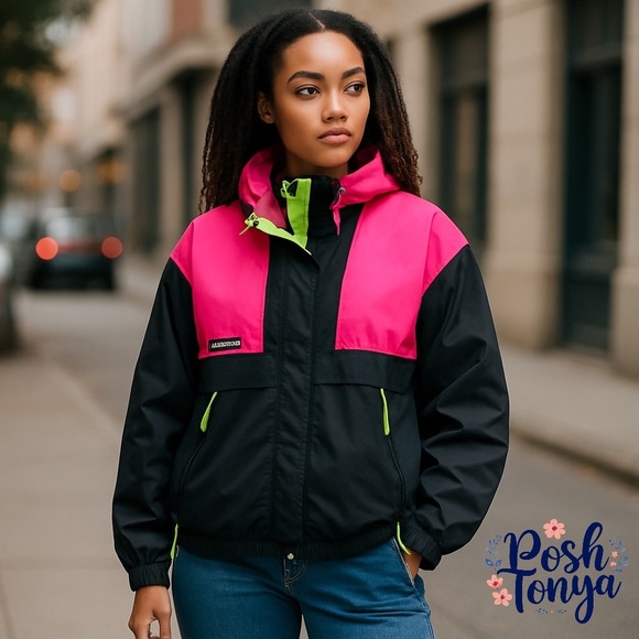 Columbia Vamoose Jacket Size L Black Pink Neon Green Retro 80s 90s Gorpcore - Picture 1 of 16